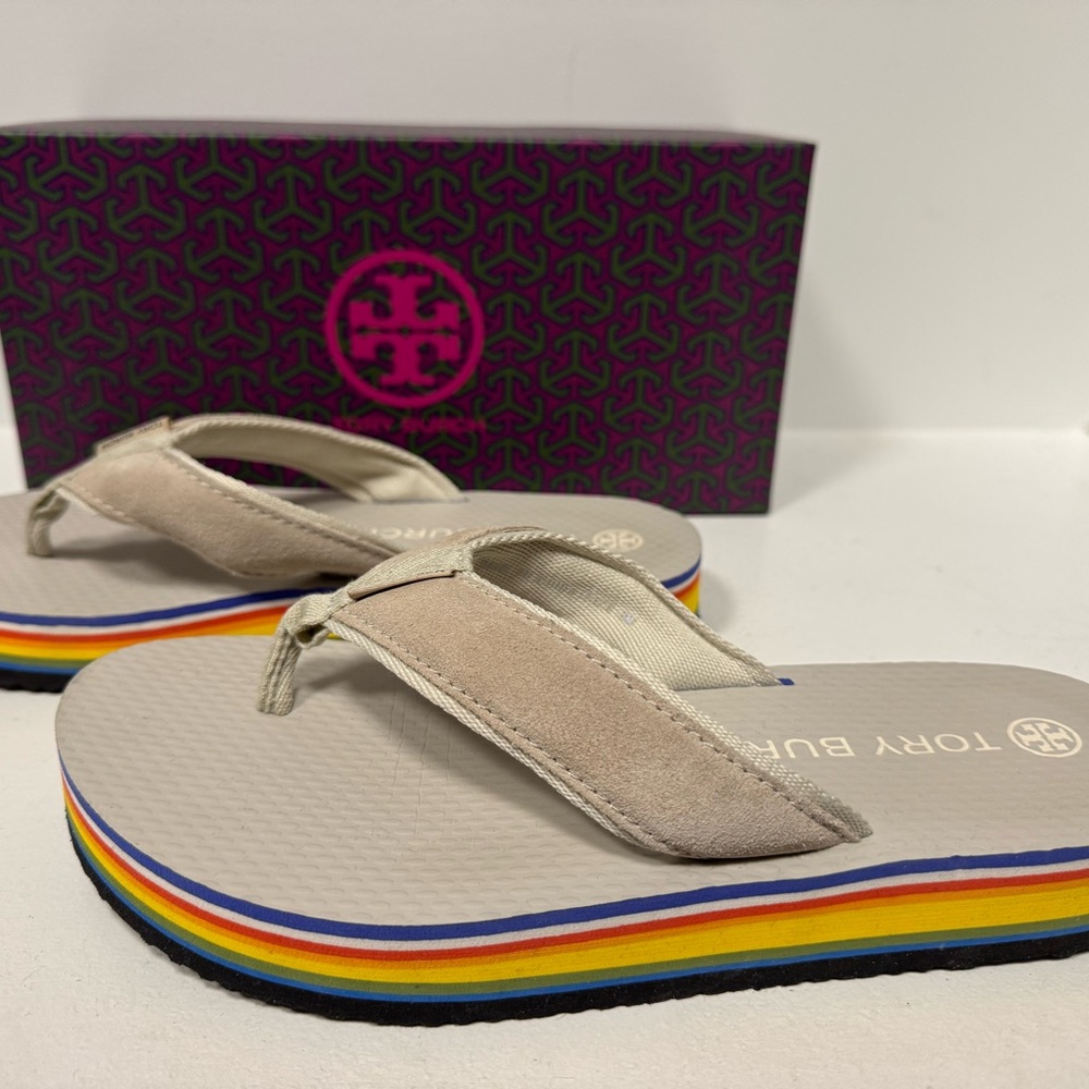 Tory Burch Neutral Flip Flops with Multicolor Sole